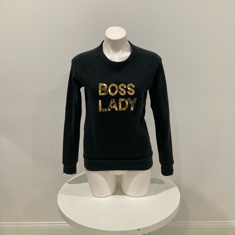 Bow & Drape Charcoal Black “Boss Lady” Sequin Long Sleeve Crew Neck Sweatshirt S
